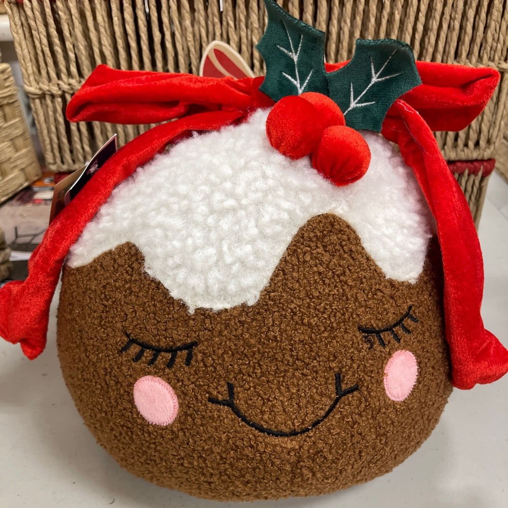 Christmas Pudding Figgy Pudding Cherries Bow Sherpa plush pillow NWT